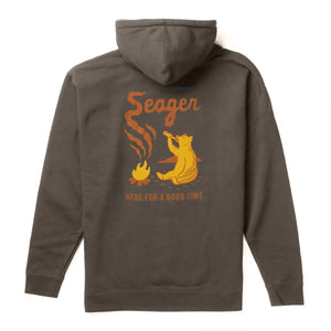 Back view of Seager Smokey Mid-Weight Hoodie in charcoal with retro-style bear campfire graphic and “Here For A Good Time” text – durable men's outerwear