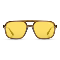 Glacier Sunglasses Smokey Bear Edition with moss frame and yellow polarized lenses, front view