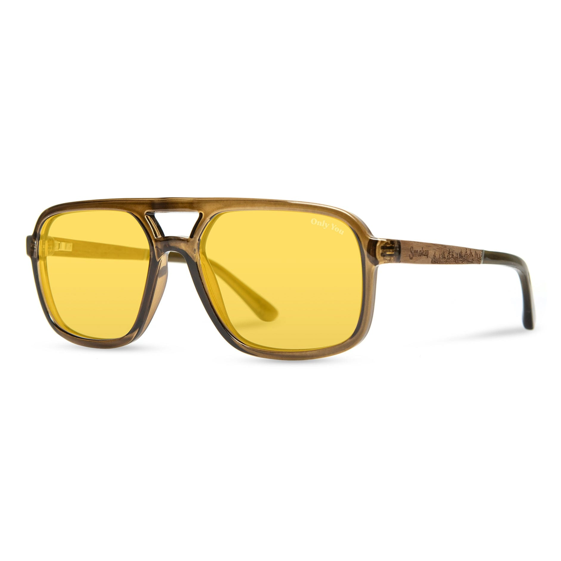 Glacier Smokey Bear Edition sunglasses with moss frame, angled side view showing the walnut temple