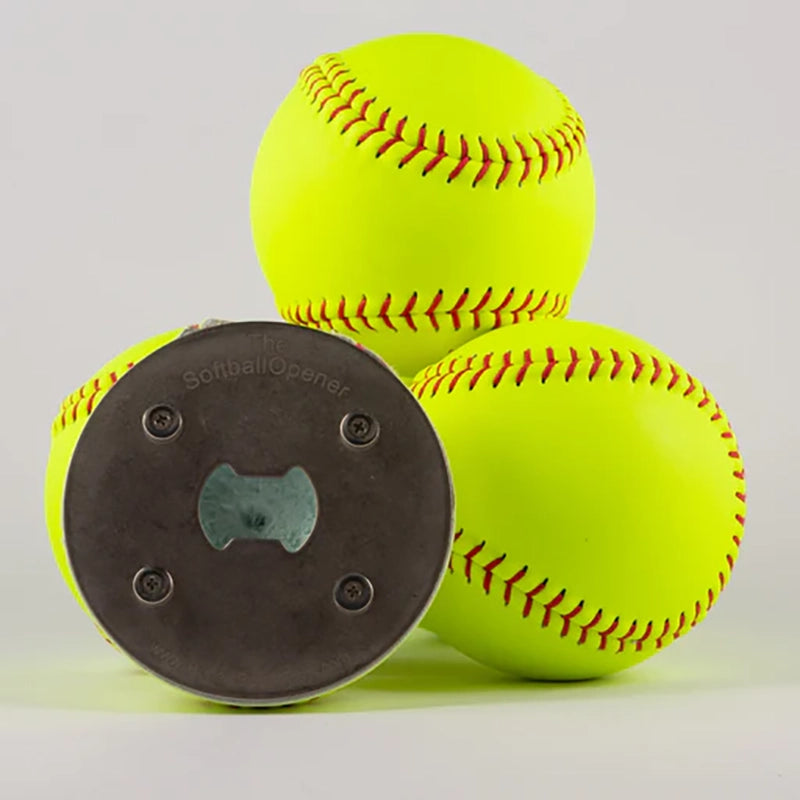 Buffalo Bottlecraft Softball Bottle opener, shown with full size softballs