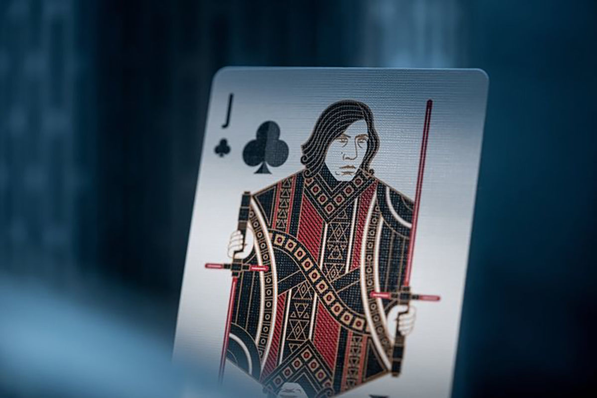 Star Wars Dark Side playing card showing the Jack of Clubs with Kylo Ren holding a red lightsaber, set against a cool-toned backdrop