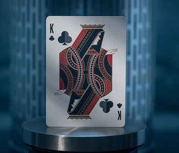 Star Wars Dark Side playing card featuring King of Clubs design with Sith-inspired red and black detailing, displayed upright on a metallic surface.