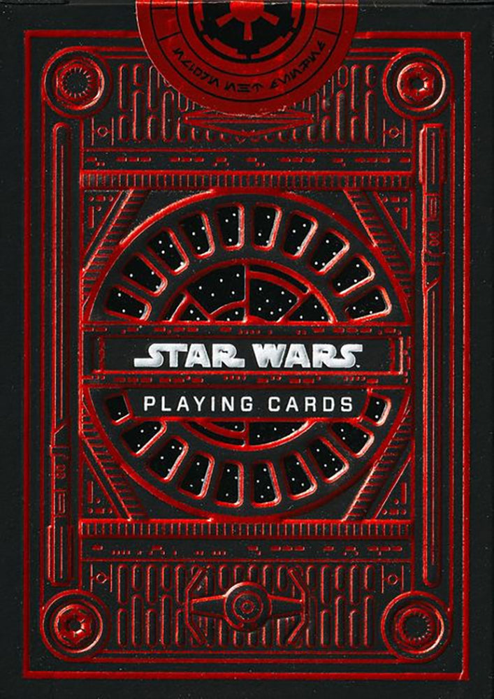 Front of the Star Wars Dark Side playing cards box with red embossed Imperial graphics and Star Wars logo, photographed close-up
