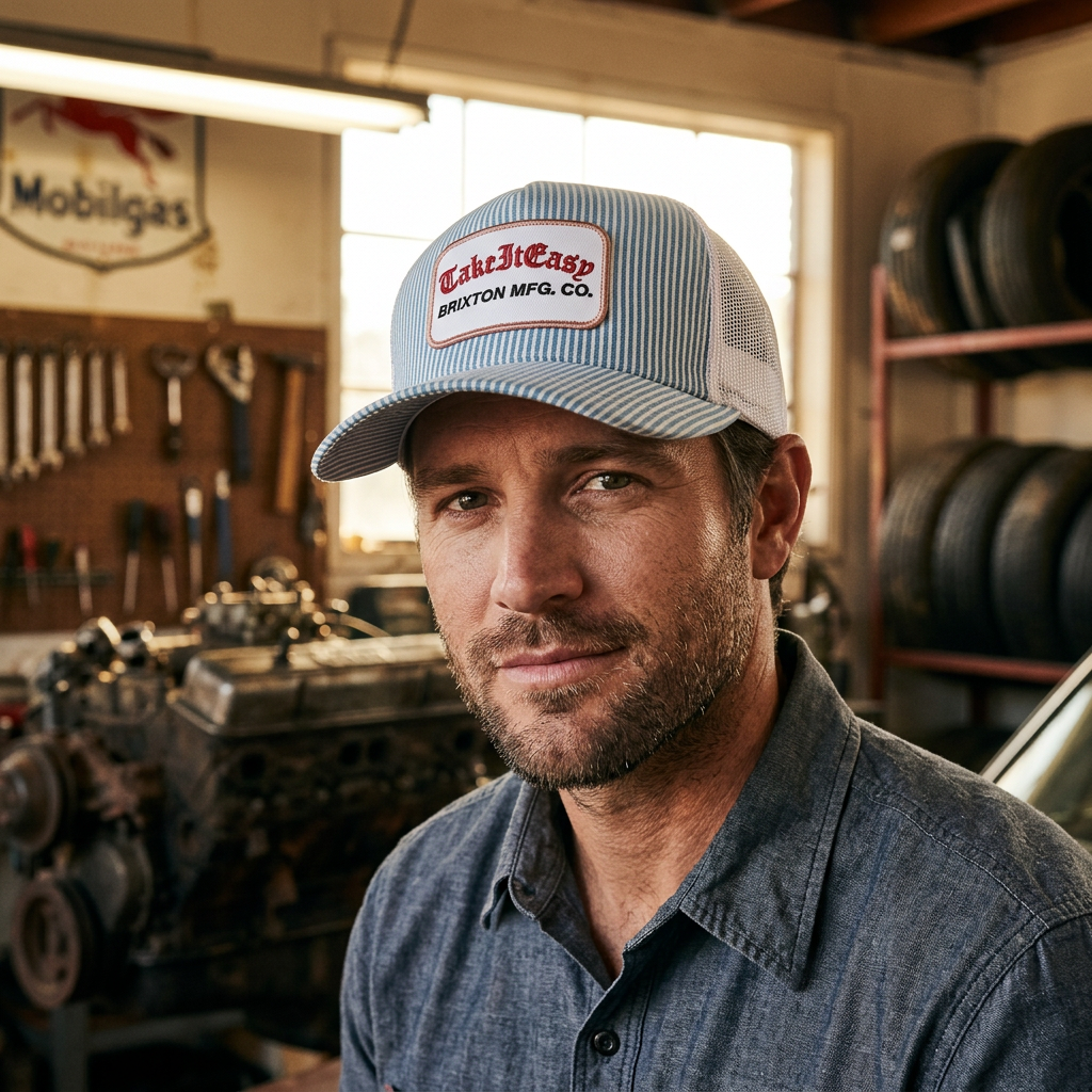 Man wearing Brixton Take It Easy Two Boot Stripe trucker hat in garage — blue white stripe snapback with embroidered patch