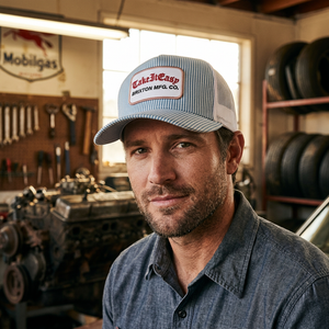 Man wearing Brixton Take It Easy Two Boot Stripe trucker hat in garage — blue white stripe snapback with embroidered patch
