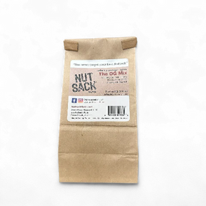 Nutsack Nuts The OG Mix kraft bag back label – coffee spice roasted walnuts cashews pecans, men's snack gift, Simple Man Store