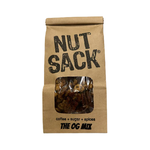 Nutsack Nuts The OG Mix front bag view – coffee brown sugar spice roasted mixed nuts with window, 6 oz men's gift snack