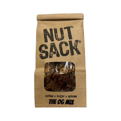 Nutsack Nuts The OG Mix front bag view – coffee brown sugar spice roasted mixed nuts with window, 6 oz men's gift snack