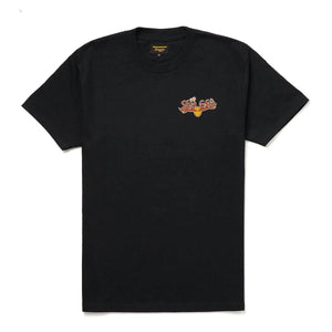 Flat lay of black Tipsy Moose tee showing front chest logo design in vintage-style print