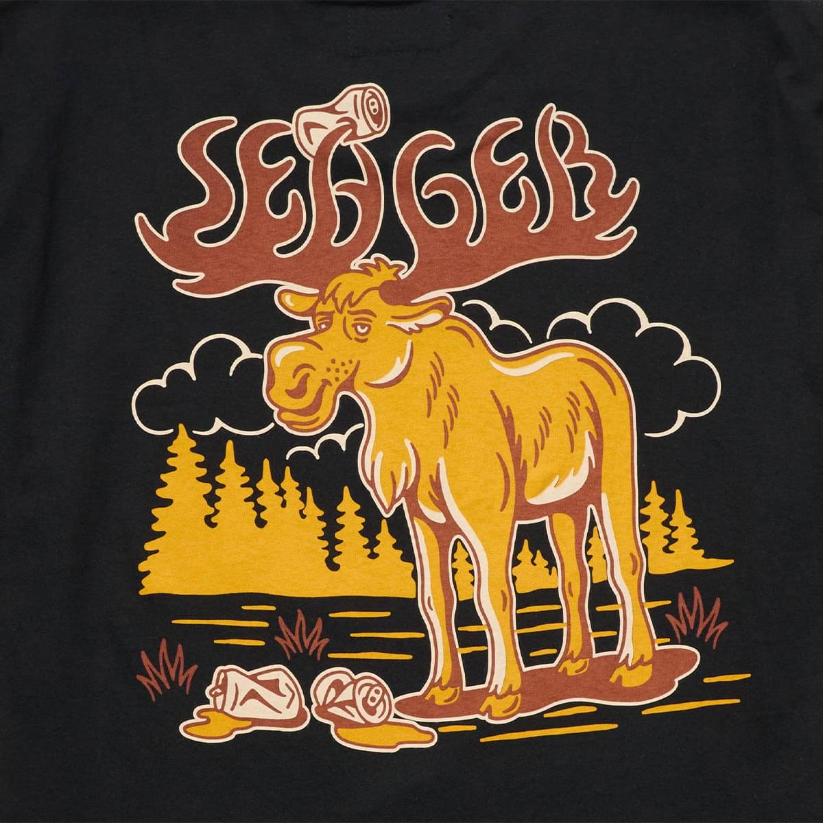 Close-up of moose and beer can back graphic on the black Tipsy Moose men's t-shirt