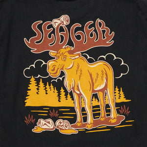 Close-up of moose and beer can back graphic on the black Tipsy Moose men's t-shirt