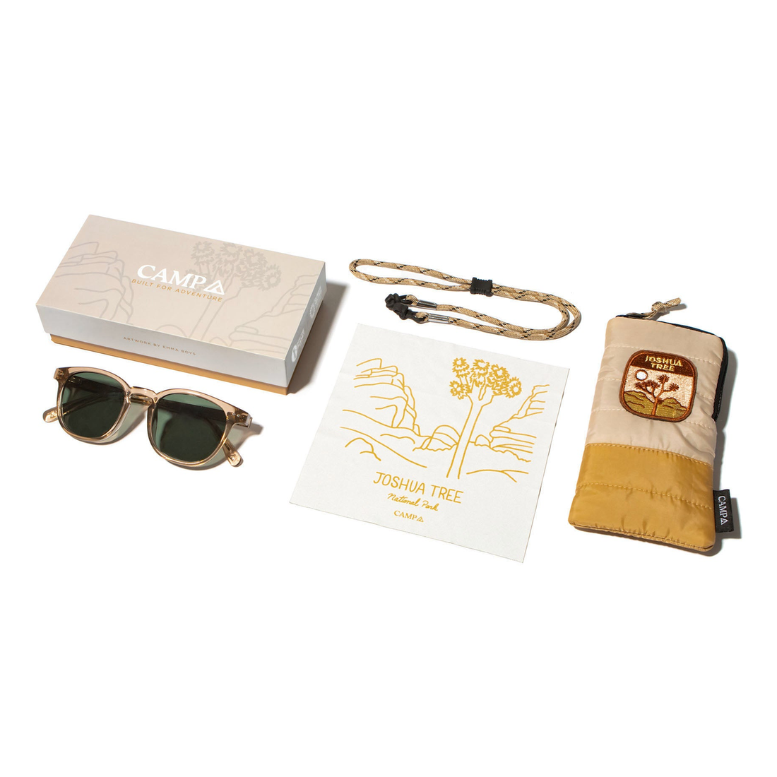 Joshua Tree National Park Edition sunglasses with box, cleaning cloth, paracord retainer and pouch
