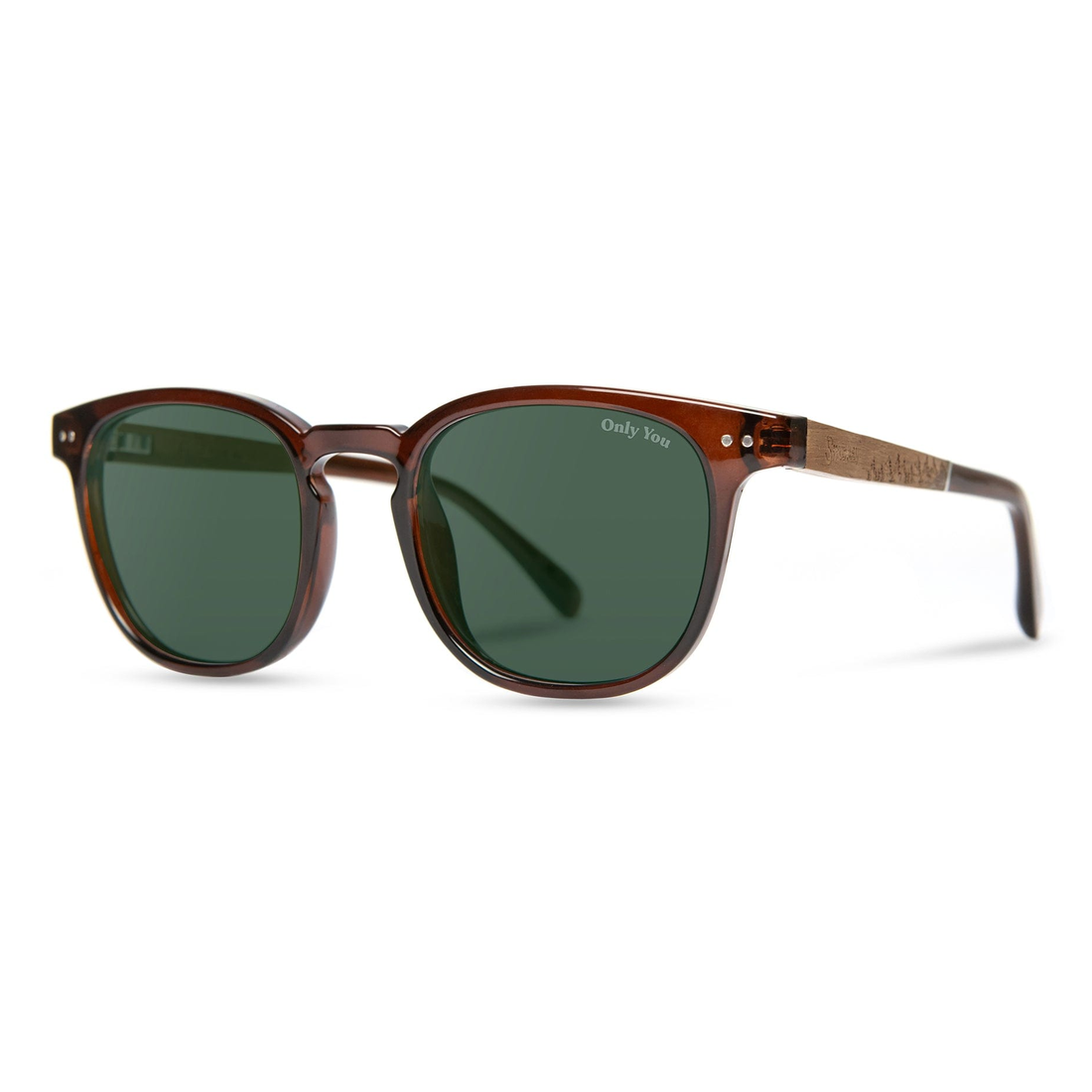 Topo Smokey Bear Edition sunglasses clay frame, angled side view showing the walnut temple
