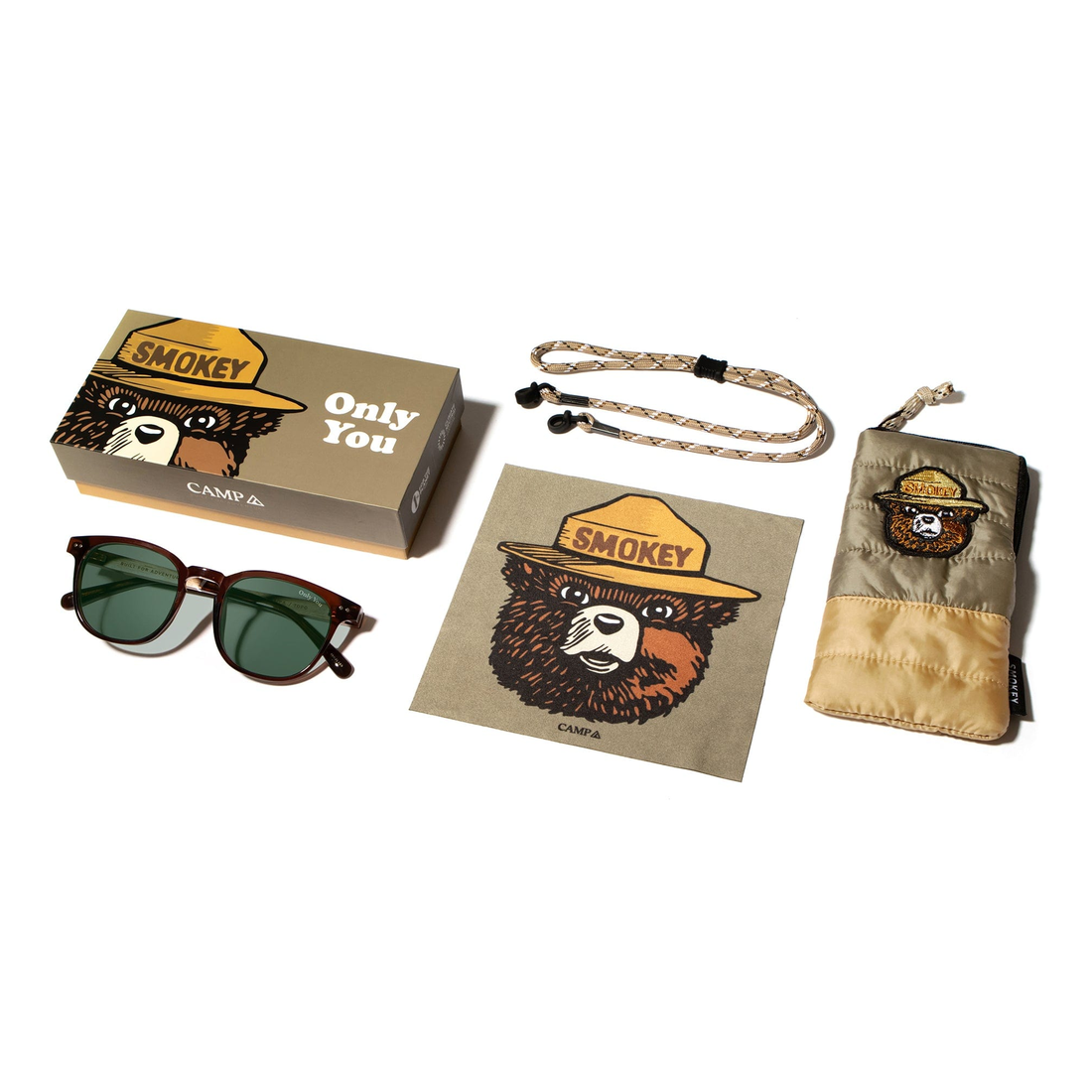 Smokey Bear Edition sunglasses with Only You box, Smokey Bear cloth, paracord retainer and pouch