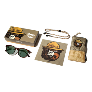 Smokey Bear Edition sunglasses with Only You box, Smokey Bear cloth, paracord retainer and pouch