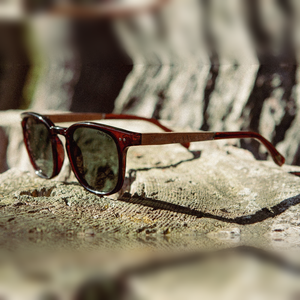 Topo Smokey Bear Edition sunglasses with G15 lenses on a weathered stump