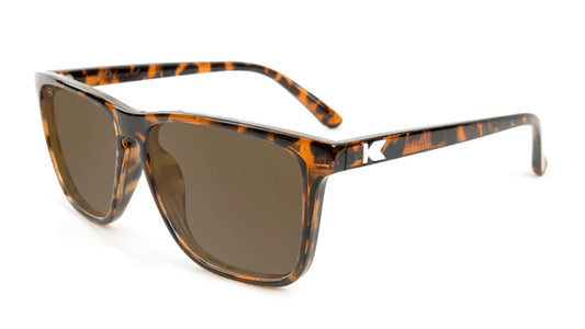 Knockaround Fast Lanes Sunglasses in Glossy Tortoise shell with amber lenses, front angled view