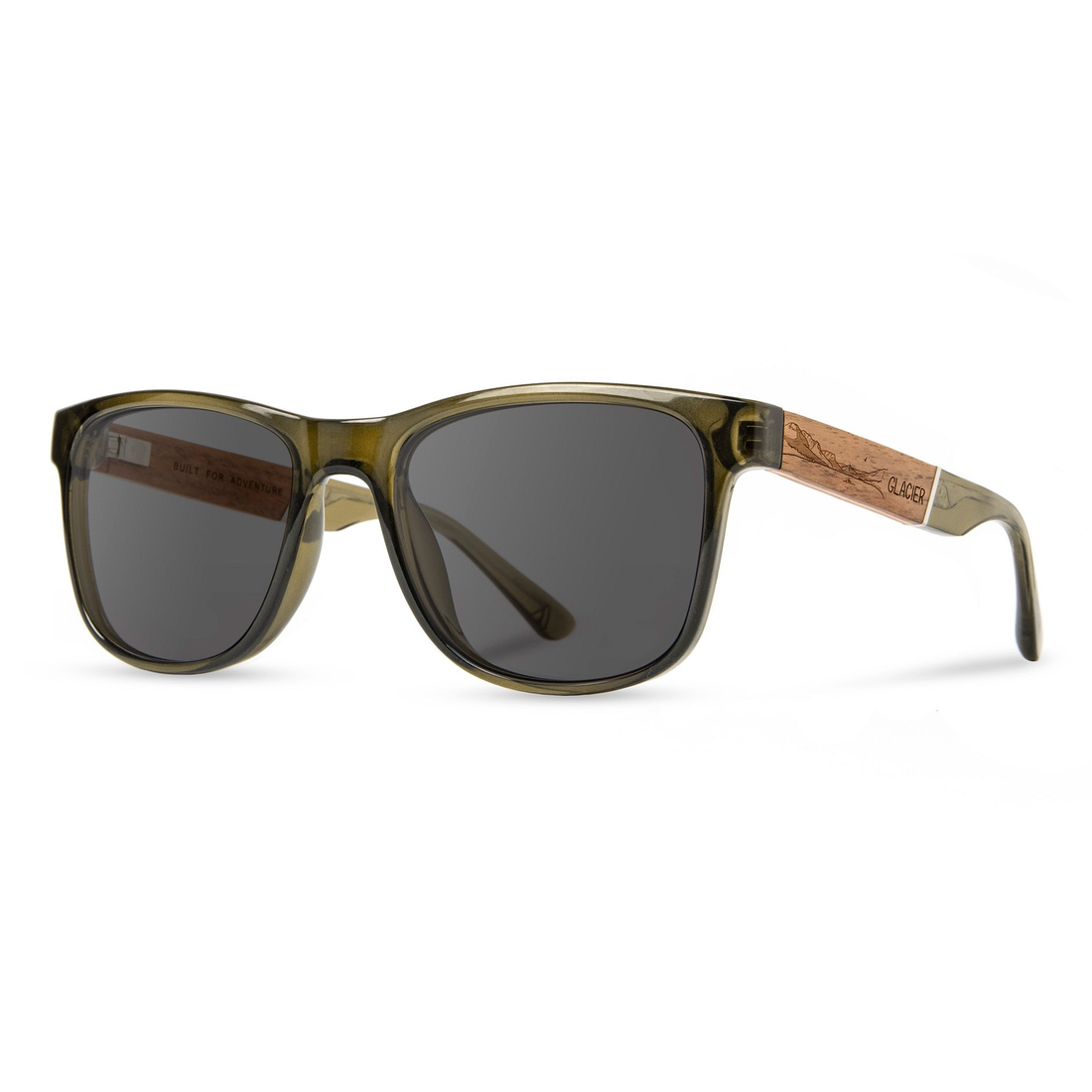 Trail Glacier Edition sunglasses moss frame with walnut temple, angled side view