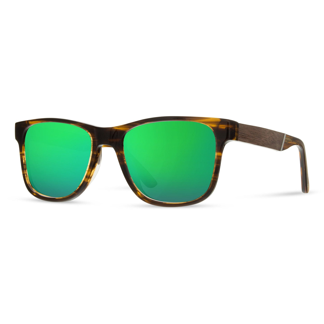 Trail Sunglasses tortoise frame with walnut temple and green flash lenses, angled side view