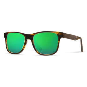 Trail Sunglasses tortoise frame with walnut temple and green flash lenses, angled side view