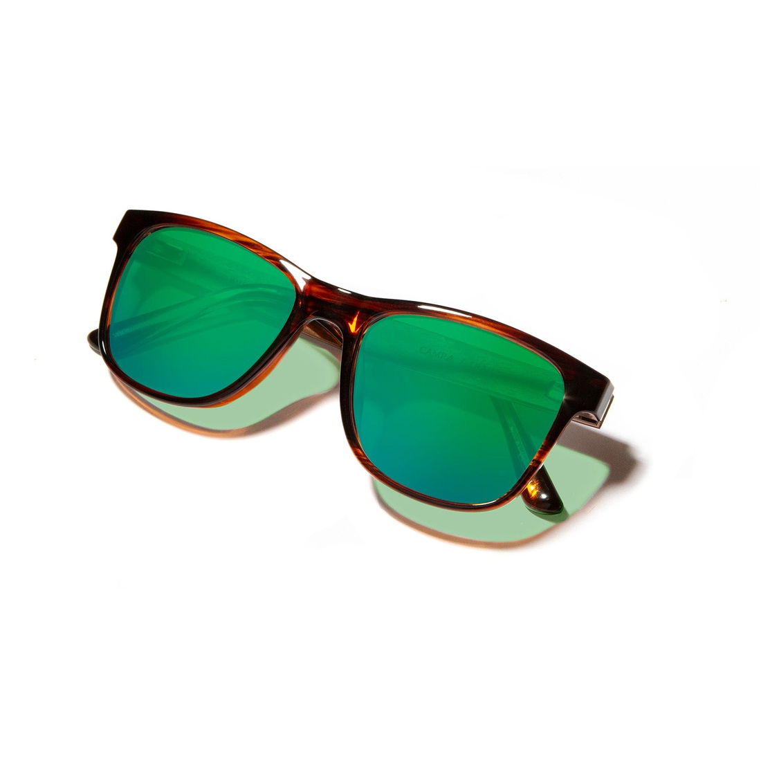 Trail Sunglasses tortoise frame and green flash lenses, three-quarter view