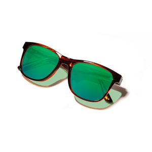 Trail Sunglasses tortoise frame and green flash lenses, three-quarter view