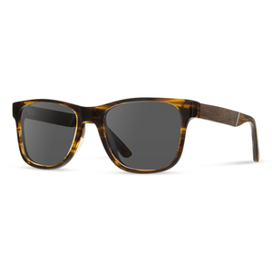Trail Sunglasses tortoise frame with walnut temple and grey lenses, angled side view