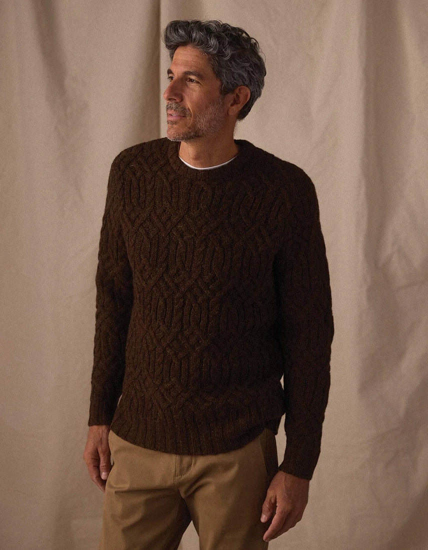 Model wearing Trellis Cable Pullover in dark brown wool blend with khaki pants — The Simple Man