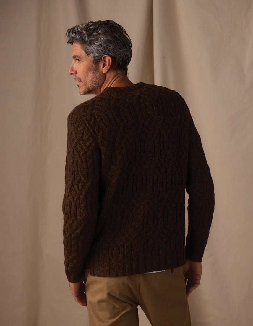 Back view of men’s dark brown cable knit pullover sweater, wool blend — The Simple Man
