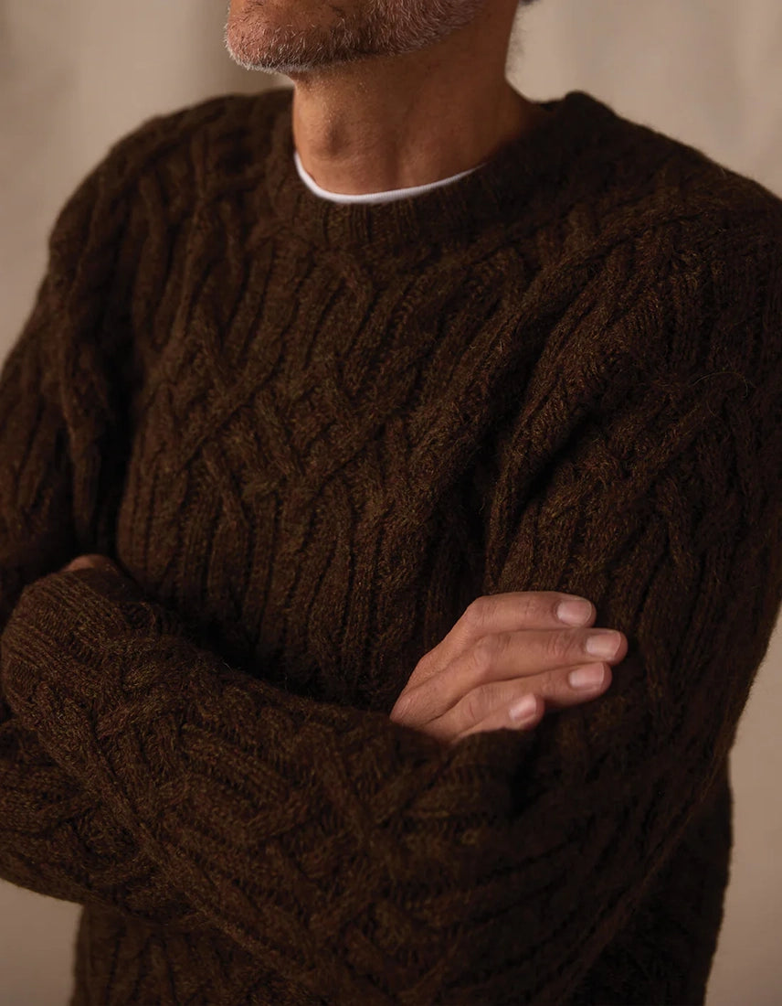 Man wearing dark brown cable knit wool sweater with detailed texture — The Simple Man Omaha
