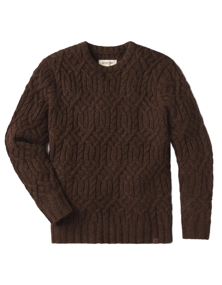 trellis Cable Pullover sweater in dark brown wool blend, flat lay product photo — The Simple Man