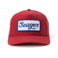 Front view of Seager Uncle Bill snapback hat with embroidered logo patch in red, white, and blue