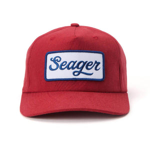 Front view of Seager Uncle Bill snapback hat with embroidered logo patch in red, white, and blue