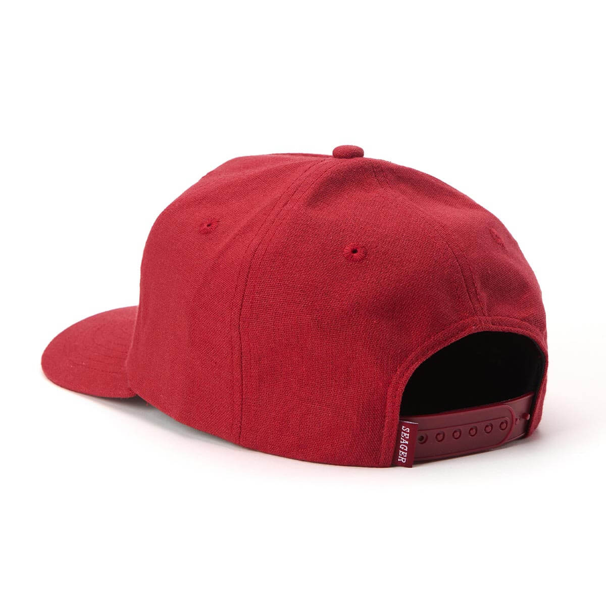 Back angle of Seager Uncle Bill red hemp snapback showing structure and strap