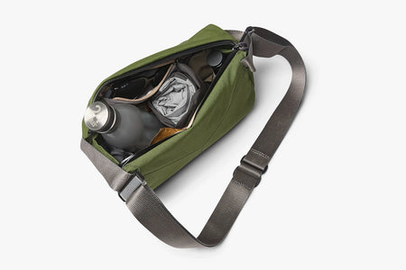 Bellroy Venture Sling 6L in Ranger Green Colorway, shown open from the top