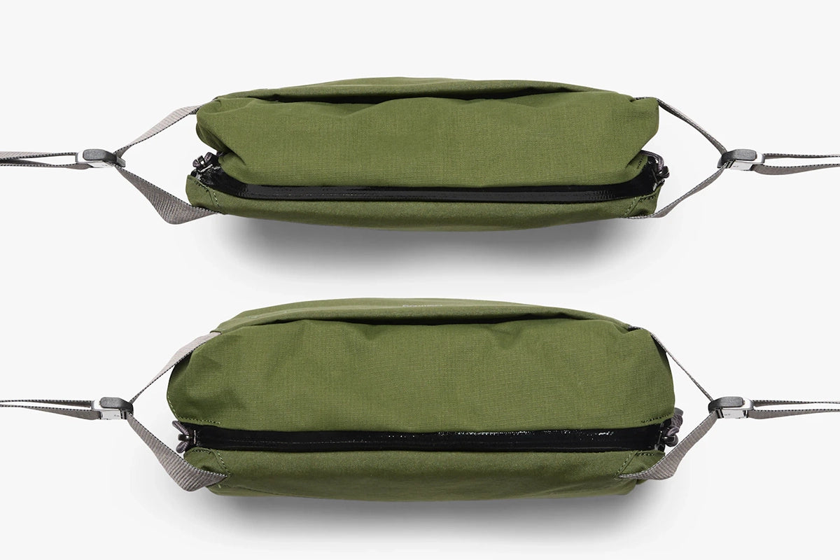 Bellroy Venture Sling 6L in Ranger Green Colorway shown compressed and expanded
