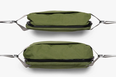 Bellroy Venture Sling 6L in Ranger Green Colorway shown compressed and expanded