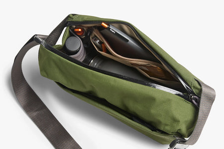 Bellroy Venture Sling 6L in Ranger Green Colorway, shown open from the top