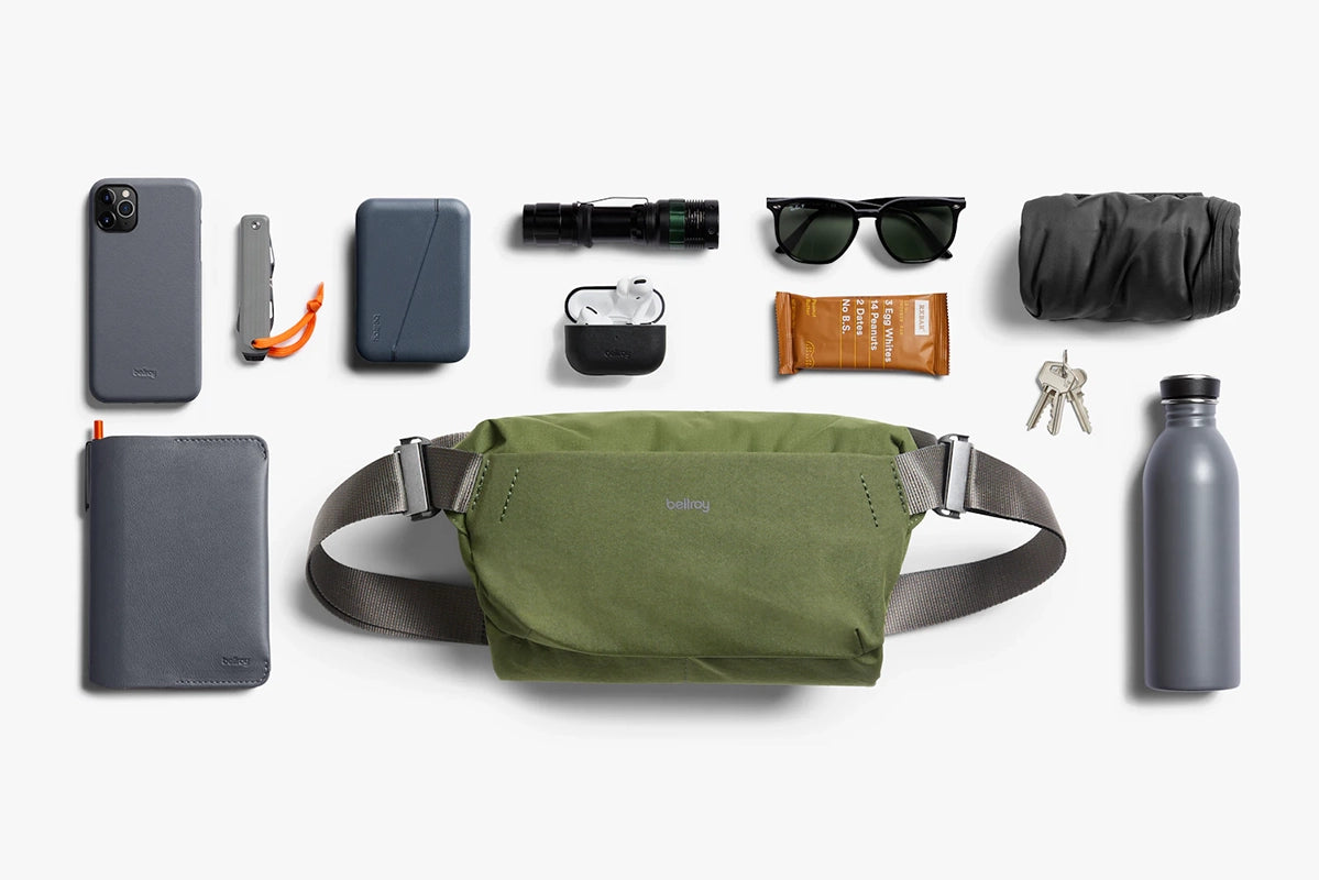 Bellroy Venture Sling 6L in Ranger Green Colorway, shown with contents capable of fitting inside