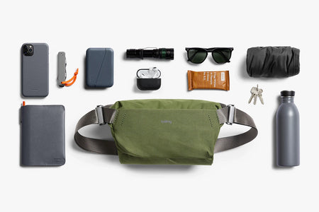 Bellroy Venture Sling 6L in Ranger Green Colorway, shown with contents capable of fitting inside