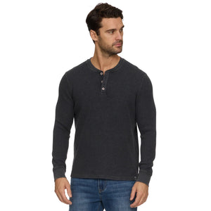 Man wearing the charcoal vintage soft waffle knit henley with jeans, front view