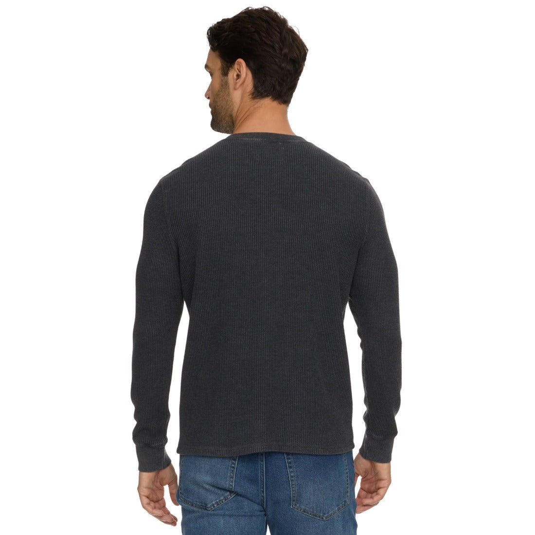 Back view of the charcoal waffle knit henley on a model