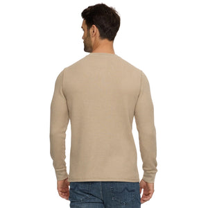 Back view of the tan waffle knit henley on a model