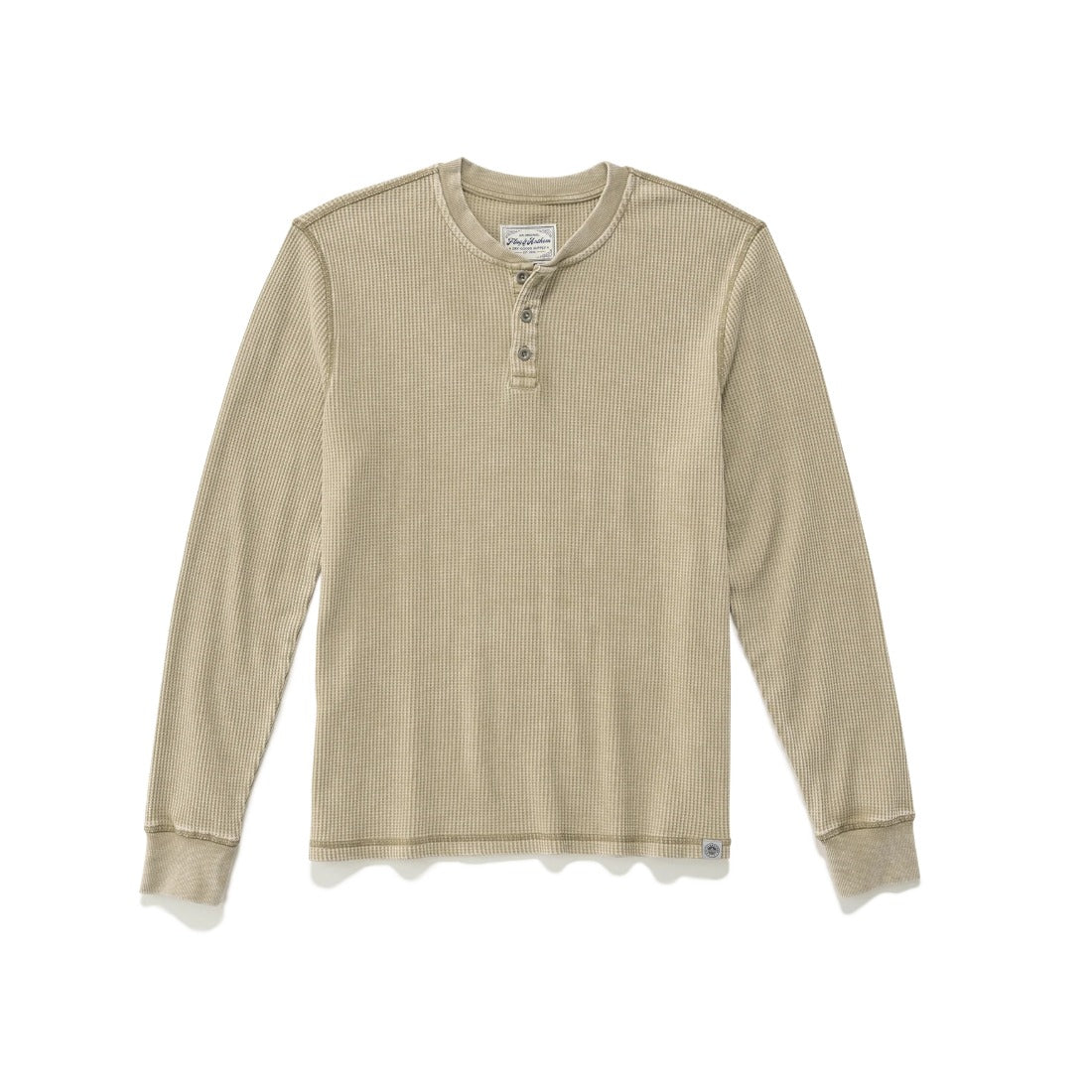 Flat lay of the tan vintage soft waffle long sleeve henley