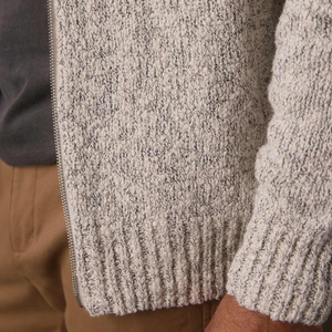 Vintage Boucle Track Jacket in Cream Marled, close-up of boucle knit texture and zipper