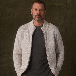 Man wearing Vintage Boucle Track Jacket in Cream Marled, open front portrait at The Simple Man