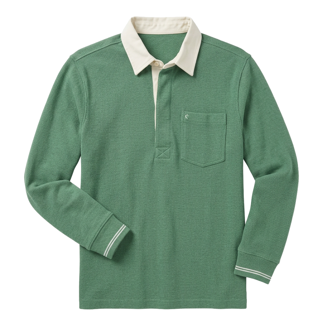 Waffle Rugby Shirt in Heather Green flat lay front view showing cream collar and chest pocket - The Simple Man