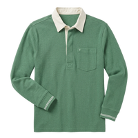 Waffle Rugby Shirt in Heather Green flat lay front view showing cream collar and chest pocket - The Simple Man