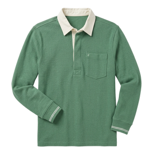 Waffle Rugby Shirt in Heather Green flat lay front view showing cream collar and chest pocket - The Simple Man