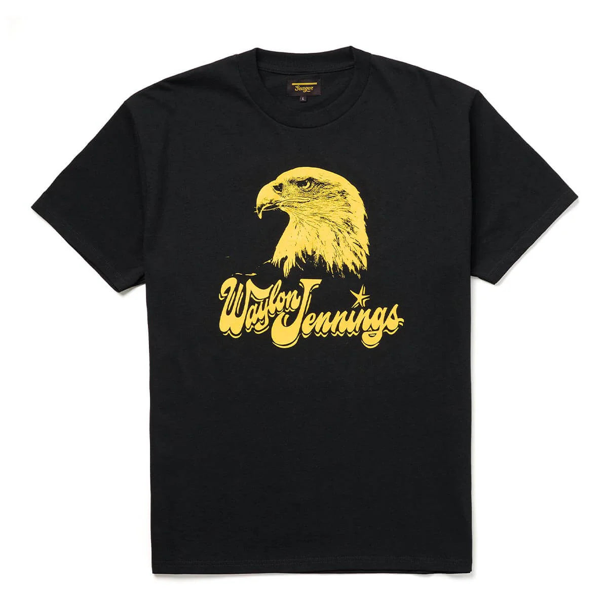 Front view of Seager x Waylon Jennings Eagle Tee in vintage black with bold yellow graphic